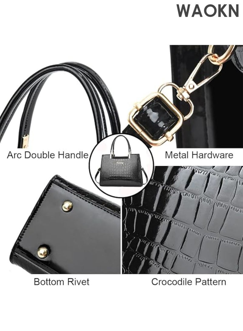 Women handbags Purse Shiny Patent , Leather Crocodile Pattern Top Handle Handbag , Satchel Bags , Zipper Medium Tote Bag , suitable for shopping, commuting to work, and going to school , unisex , black . - Image 3
